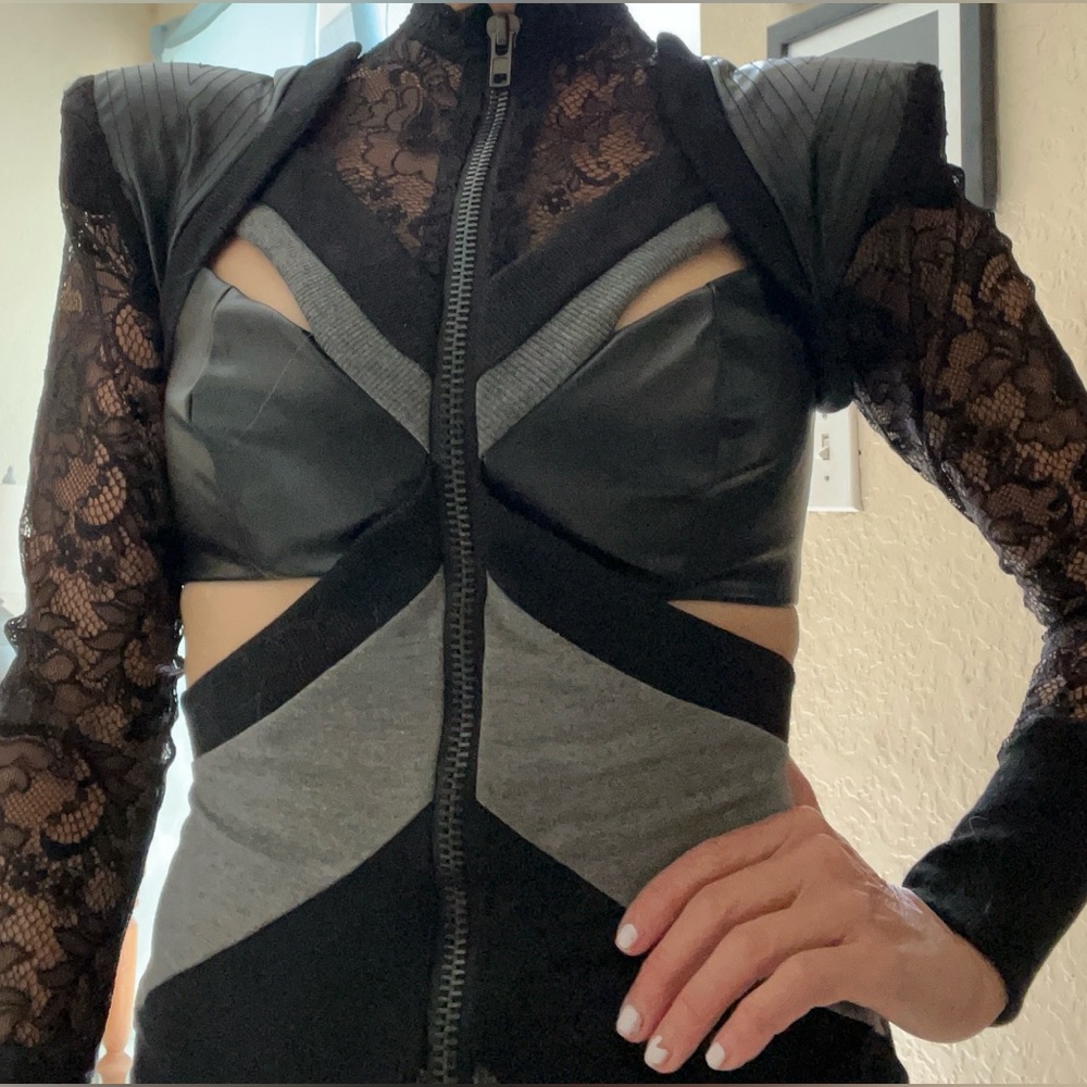 Bebe Addiction Faux Leather & Lace Cut Out  Zip Front Long Sleeve Dress RARE!